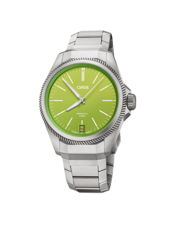 Orologio Oris ProPilot X Kermit Edition con quadrante verde e cassa in titanio da 39 mm, visuale frontale completa