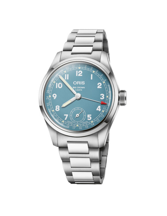 Orologio Oris Big Crown Pointer Date Calibre 473 con quadrante azzurro, vista frontale completa su cassa in acciaio da 38 mm