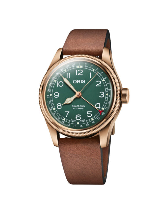 Orologio Oris Big Crown Pointer Date 80th Anniversary con cassa in bronzo e quadrante verde, visuale frontale completa