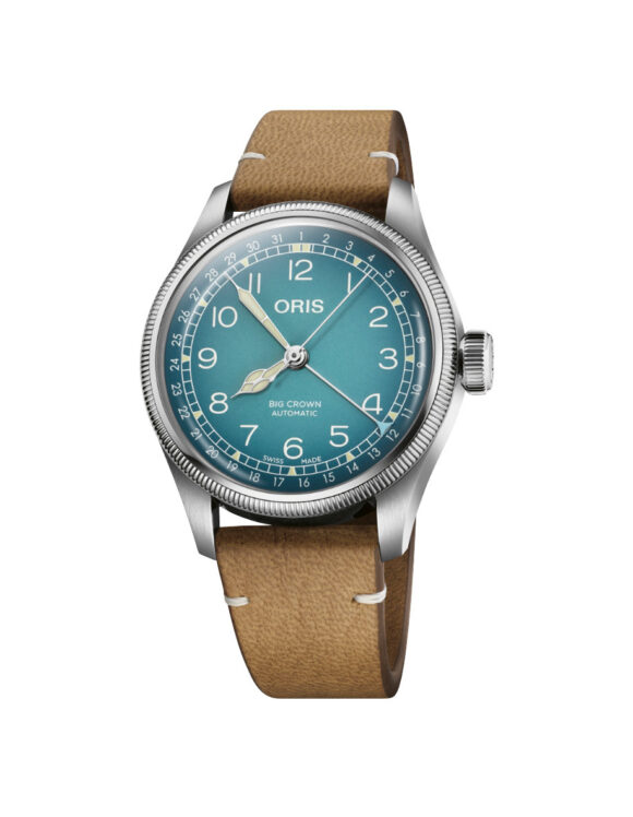 Orologio Oris Big Crown X Cervo Volante con quadrante azzurro e cassa in acciaio da 38 mm, visuale frontale completa