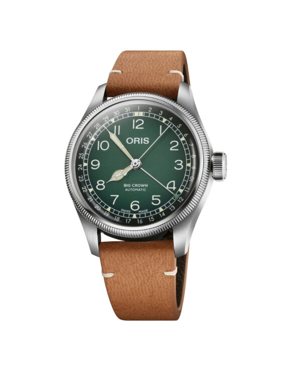 Orologio Oris Big Crown X Cervo Volante con quadrante verde e cassa da 38 mm in acciaio, visuale frontale completa