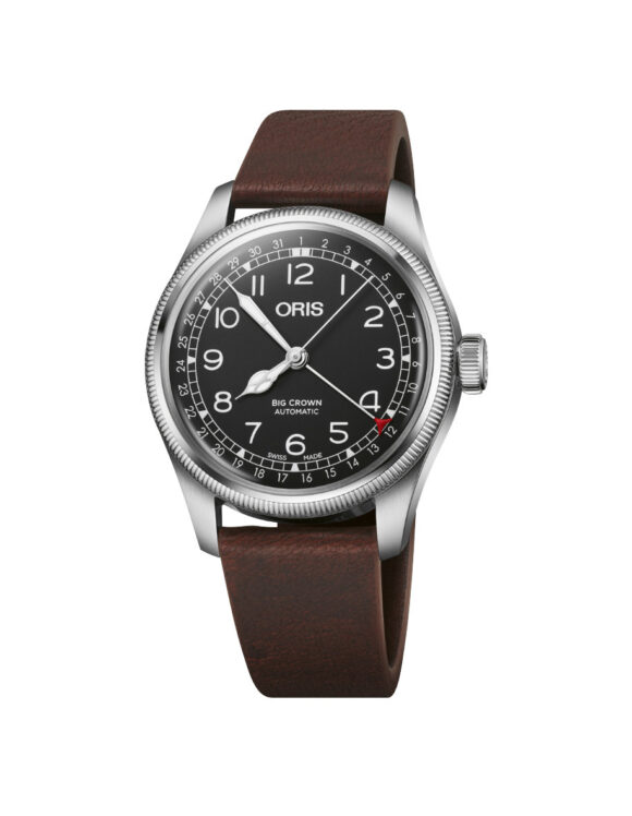 Orologio Oris Big Crown Waldenburgerbahn Limited Edition, visuale frontale con quadrante nero e cassa in acciaio da 40 mm