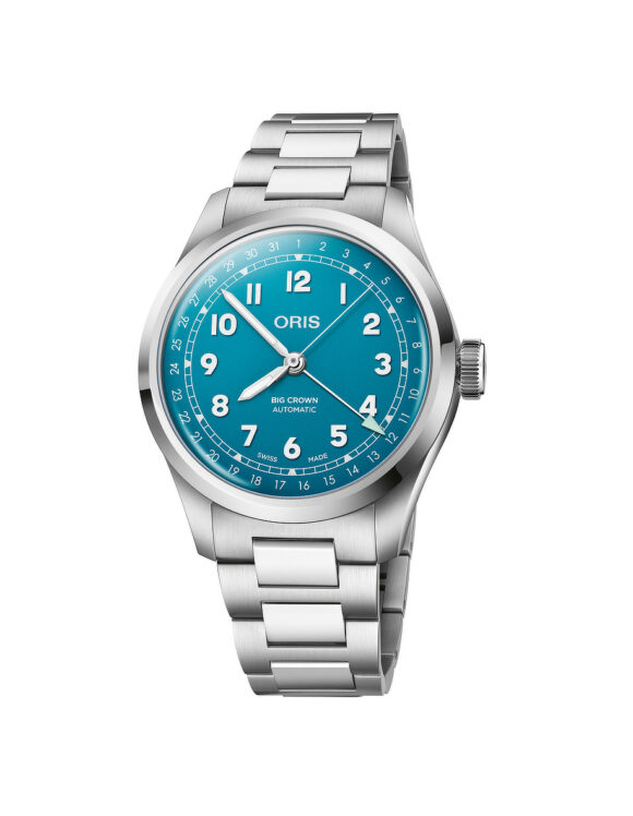 Vista frontale dell’orologio Oris Big Crown Pointer Date con quadrante azzurro