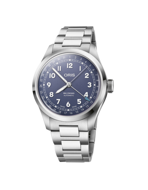 Vista frontale dell’orologio Oris Big Crown Pointer Date con quadrante blu