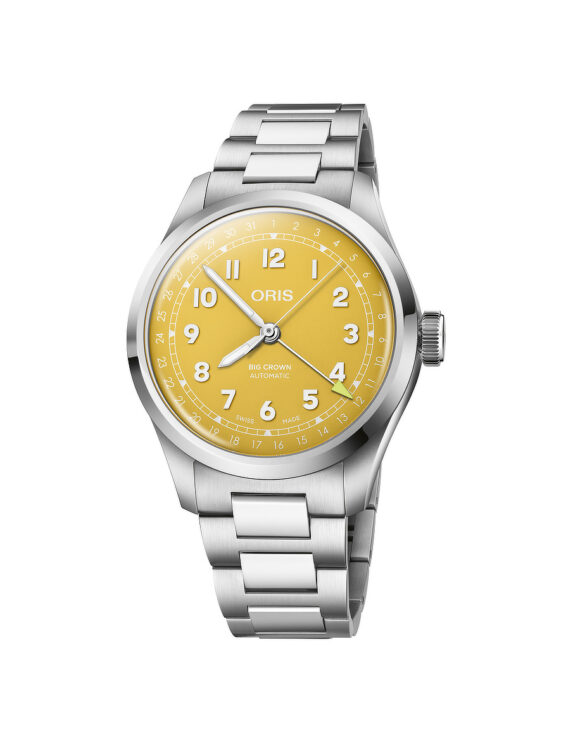 Vista frontale dell’orologio Oris Big Crown Pointer Date con quadrante giallo