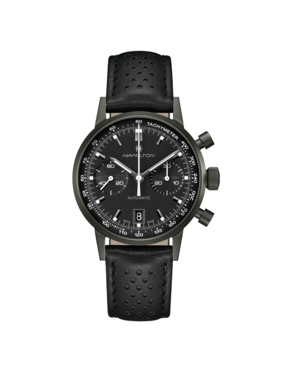 Orologio Hamilton Intra-Matic Auto Chrono quadrante nero con indici e lancette bianchi – vista frontale