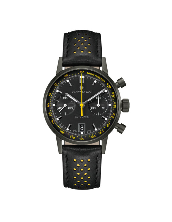Hamilton Intra-Matic Auto Chrono quadrante nero con indici e lancette gialli – vista frontale