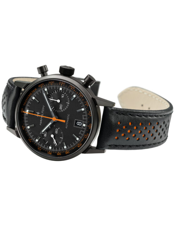 Orologio Hamilton Intra-Matic Auto Chrono cinturino pelle nera e lancette arancioni – vista completa distesa