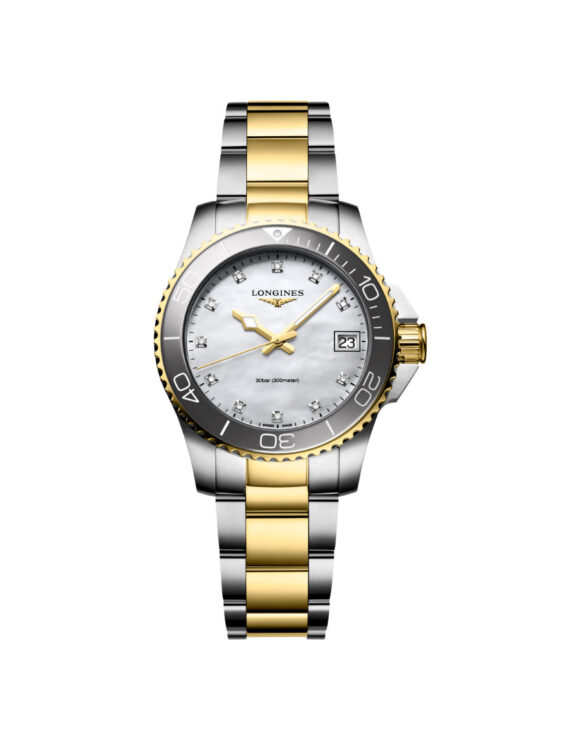 Orologio Longines Hydroconquest Donna Bicolore Giallo 32mm Madreperla e Diamanti L3-370-3-87-6 - Vista frontale