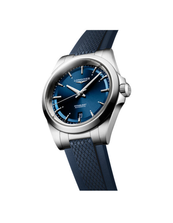 Vista angolata Orologio Longines Conquest 38mm Blu Gomma Automatico L3-720-4-92-9