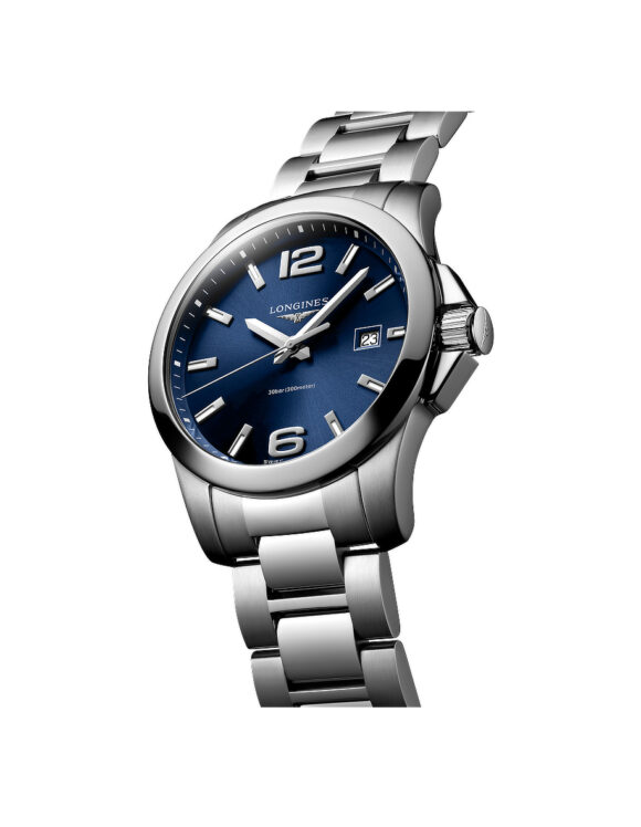 Vista angolata Orologio Longines Conquest Blu 41mm Acciaio Quarzo L3-759-4-96-6