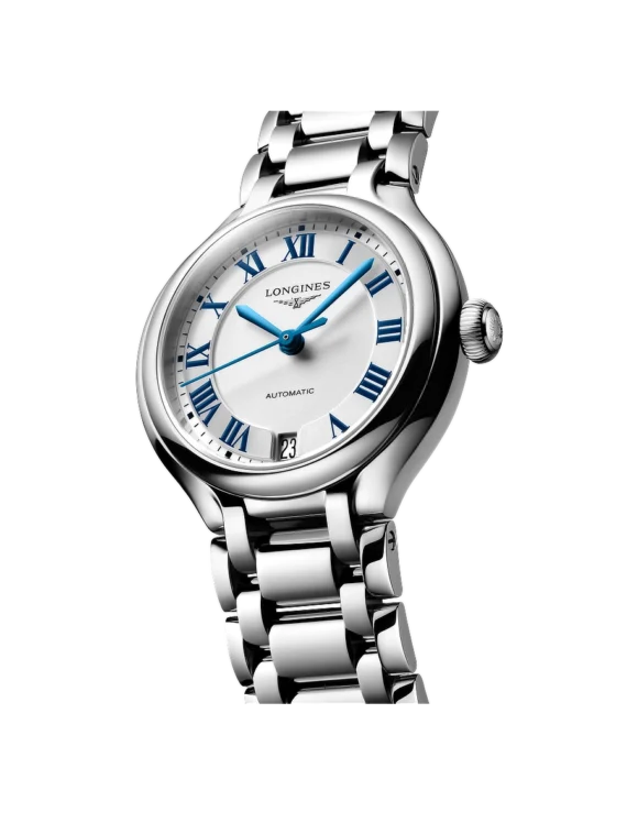 Vista angolata Orologio Longines Primaluna 34mm con quadrante argento e bracciale in acciaio L8-124-4-71-6