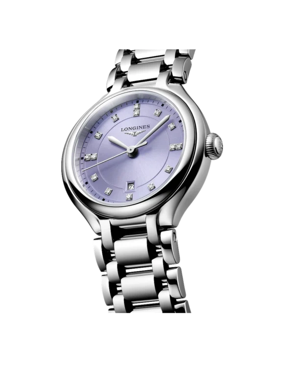 Vista angolata Orologio Longines Primaluna 30mm con quadrante Viola Sunray e Diamanti L8-142-4-07-6