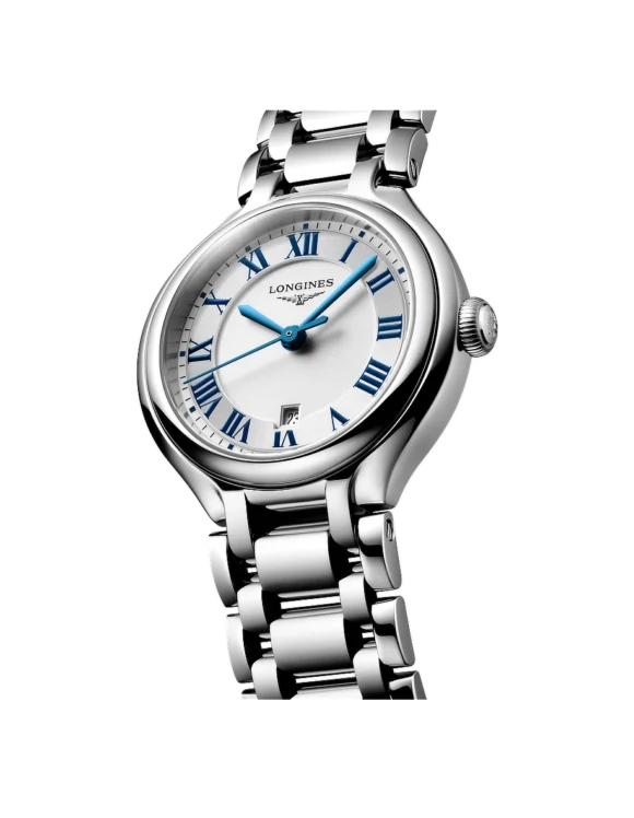 Vista angolata Orologio Longines Primaluna 30mm Argento con bracciale in acciaio L8-142-4-71-6
