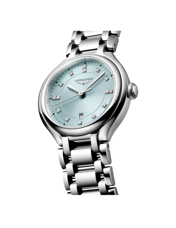 Vista angolata Orologio Longines Primaluna 30mm con quadrante Azzurro Sunray e Diamanti L8-142-4-97-6