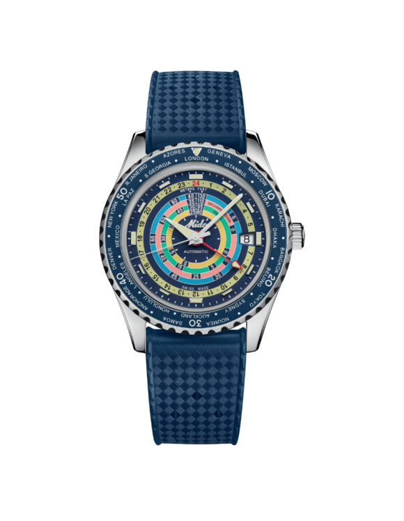 Mido Ocean Star Decompression Worldtimer con cinturino in gomma blu testurizzata