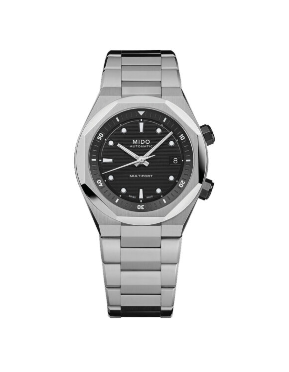 Orologio MIDO Multifort 8 Two Crowns M047.507.11.051.00 - Vista frontale, quadrante nero, cassa in acciaio, lunetta ottagonale e movimento automatico Calibro 72